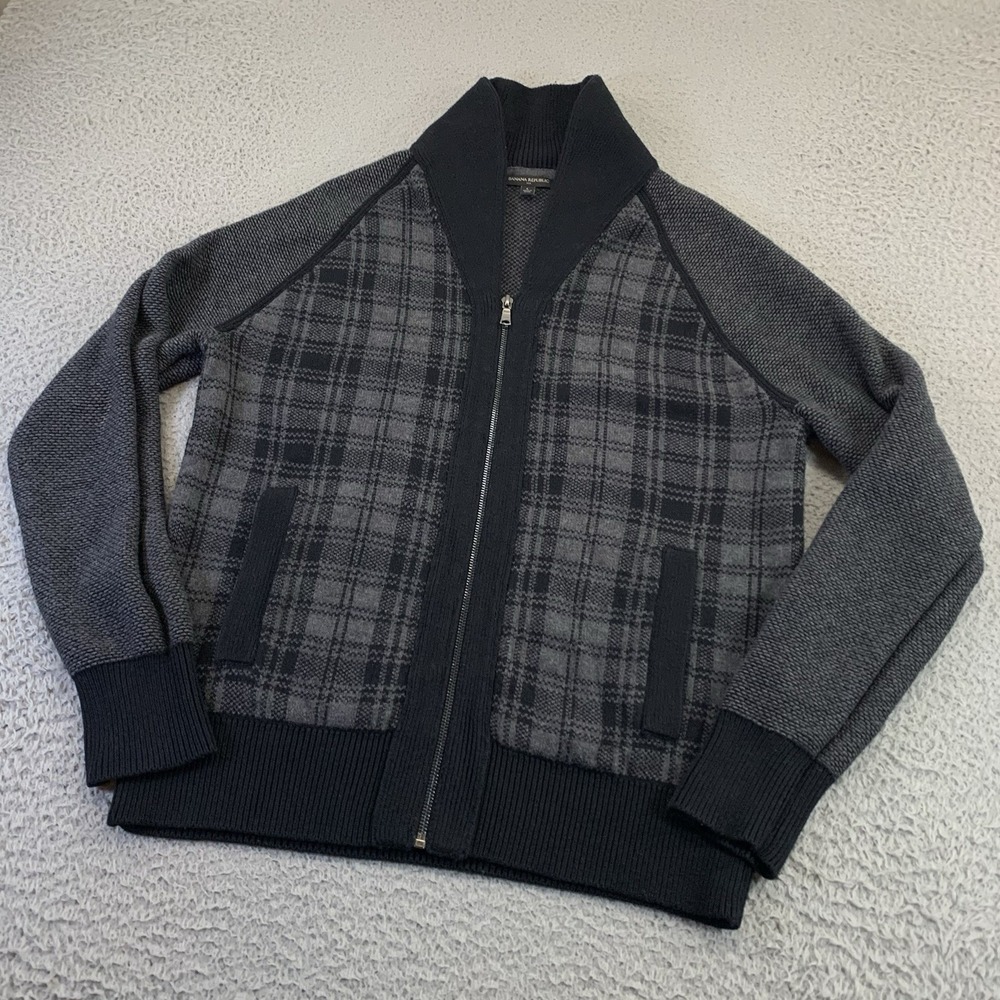 Banana Republic Knit Sweater Mens Large Full Zip Shawl Collar Black Plaid Casual